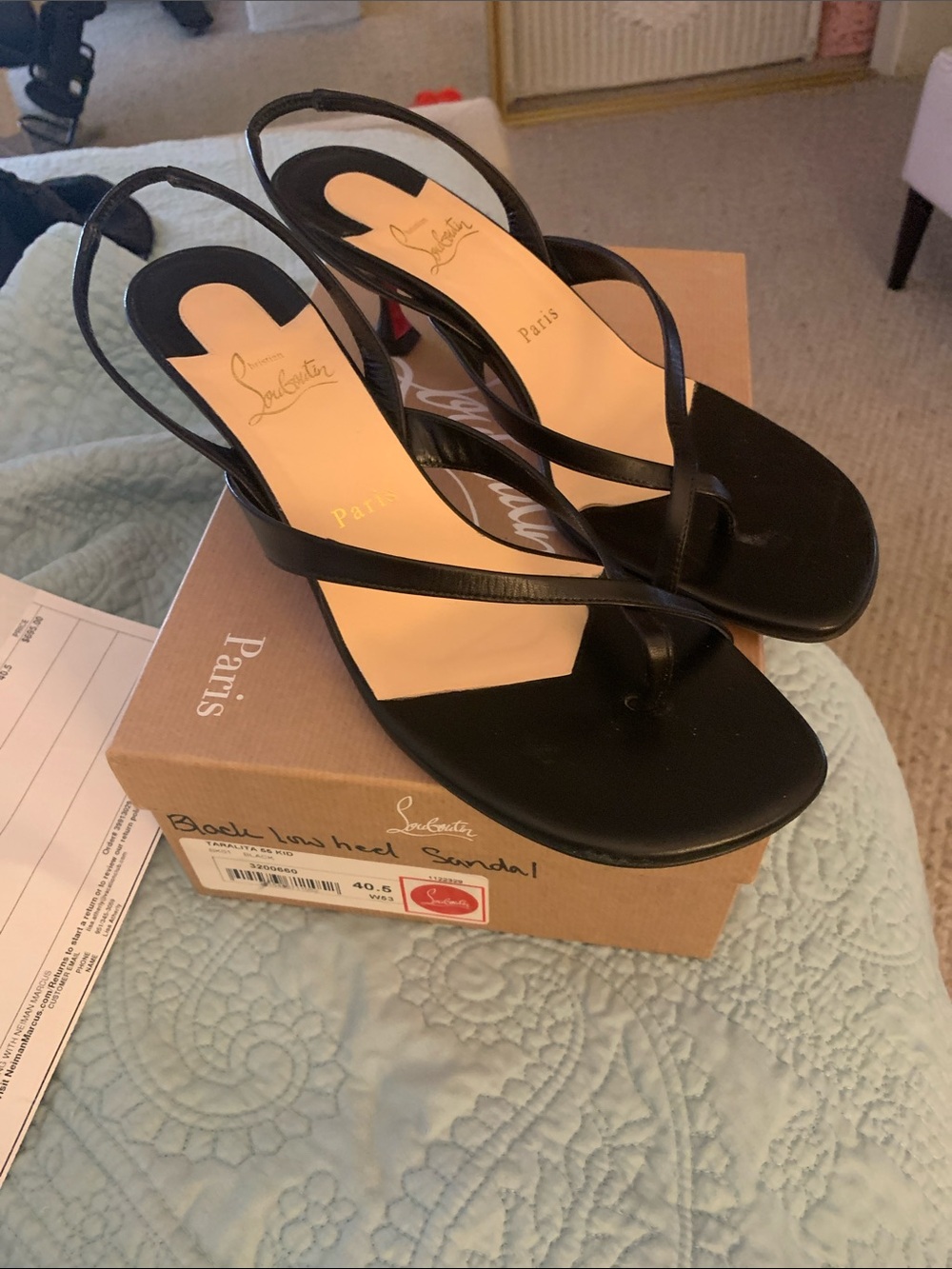 Christian Louboutin Black Leather Thong Slingback Heels